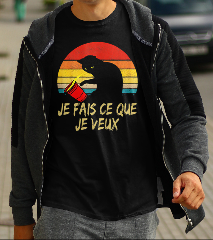 Black Cat Je Fais Ce Que Je Veux Retro Sunset Silhouette 80s T-Shirt
