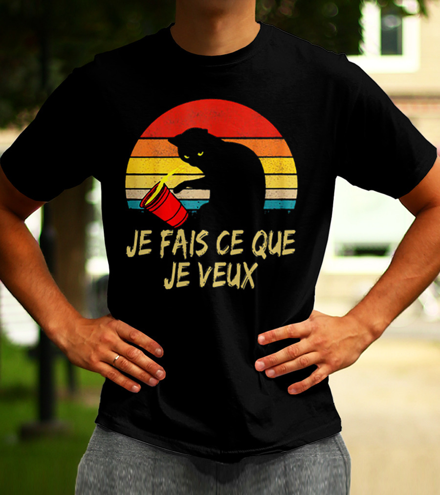 Black Cat Je Fais Ce Que Je Veux Retro Sunset Silhouette 80s T-Shirt