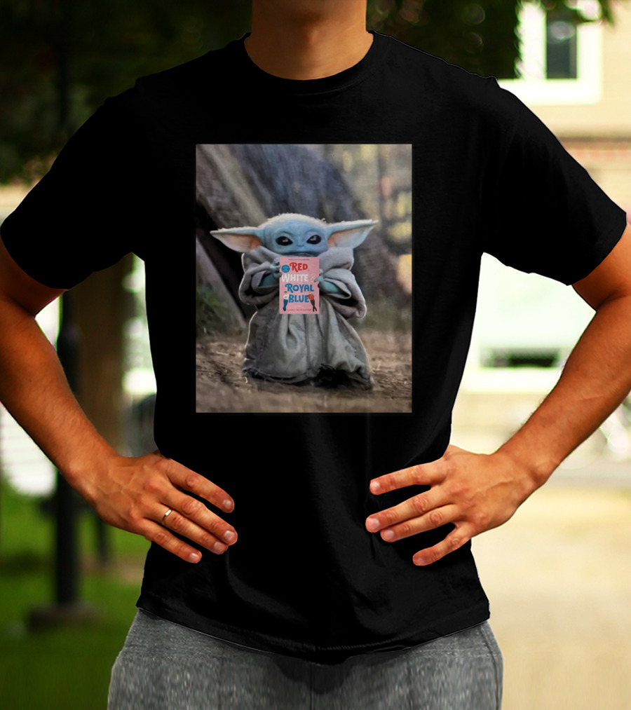 Baby Yoda Reads Red White Royal Blue Book T-Shirt