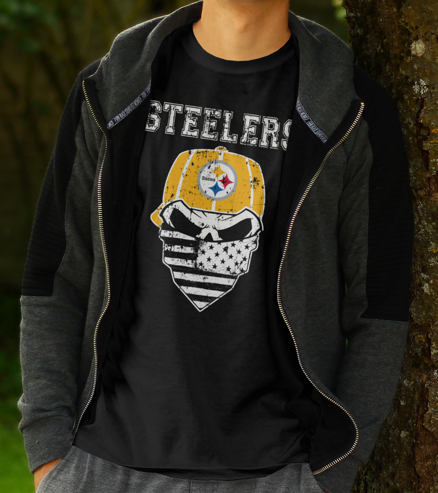 Steelers Skull With American Flag Bandana And Hat T-Shirt