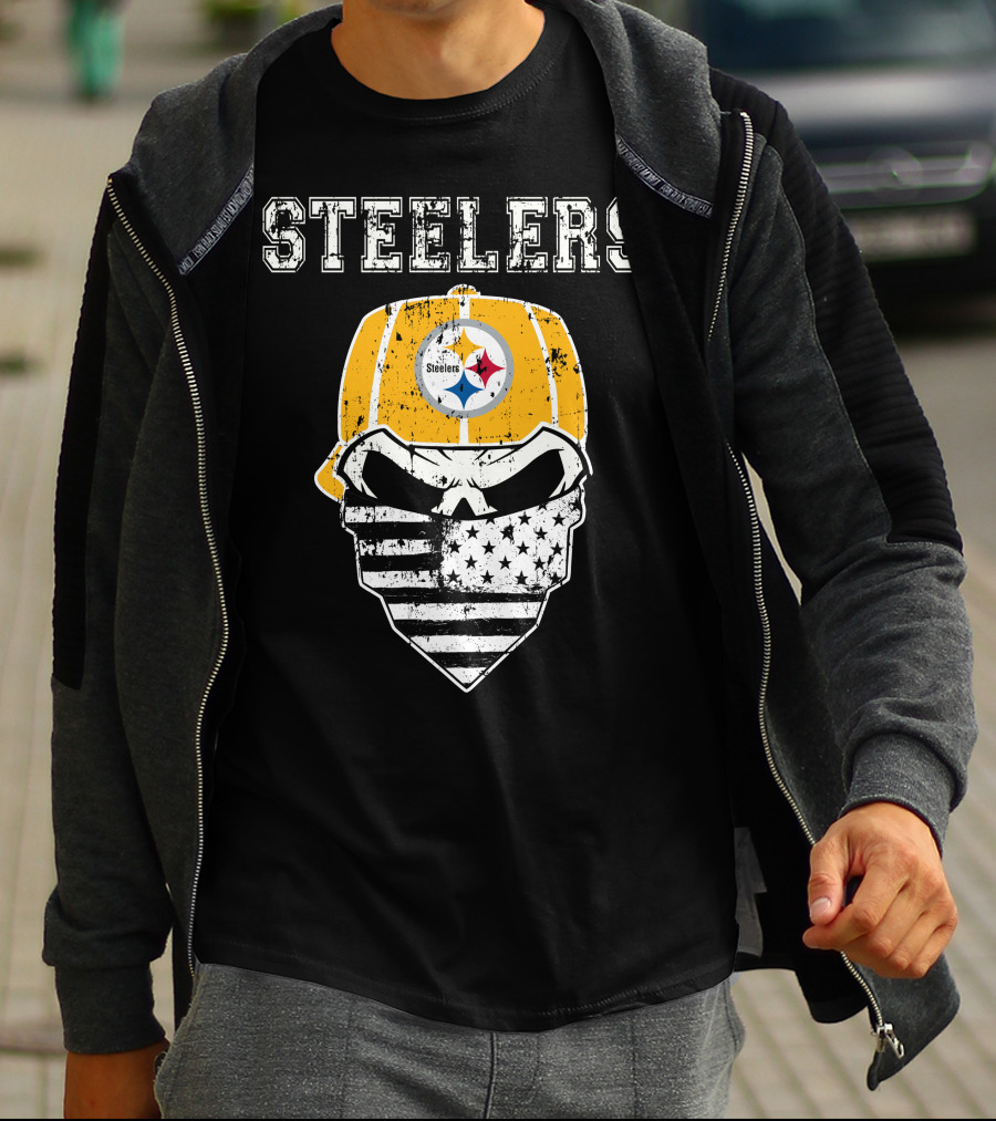 Steelers Skull With American Flag Bandana And Hat T-Shirt