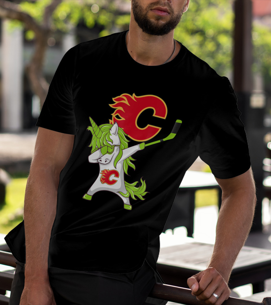 St Patrick Day Dabbing Unicorn Calgary Flames Hockey Stick T-Shirt