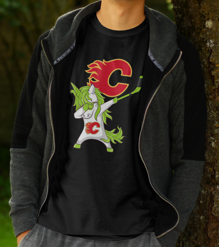 St Patrick Day Dabbing Unicorn Calgary Flames Hockey Stick T-Shirt