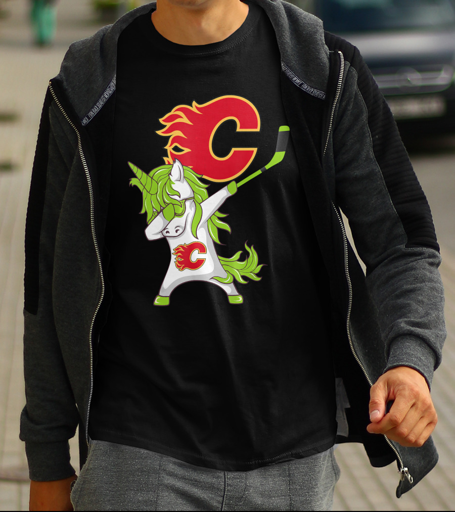 St Patrick Day Dabbing Unicorn Calgary Flames Hockey Stick T-Shirt
