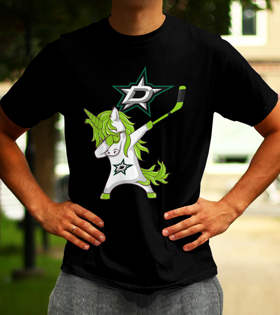 St Patrick's Day Dabbing Unicorn With Hockey Stick Dallas Stars T-Shirt