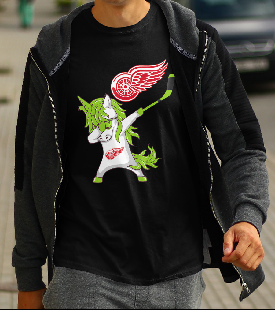 Detroit Red Wings St Patrick's Day Dabbing Unicorn Hockey Stick T-Shirt