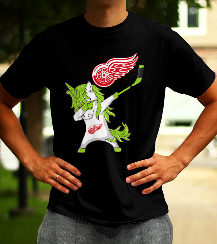 Detroit Red Wings St Patrick's Day Dabbing Unicorn Hockey Stick T-Shirt