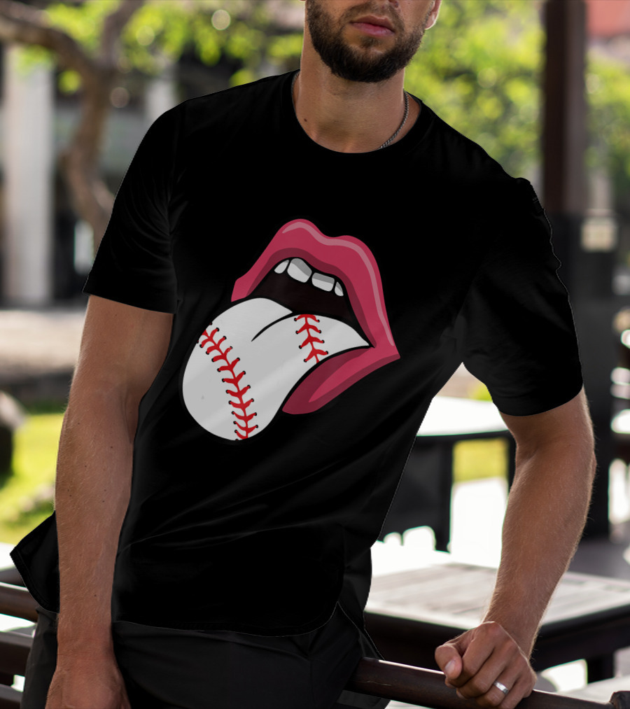 Baseball Red Lips Tongue Stitch T-Shirt