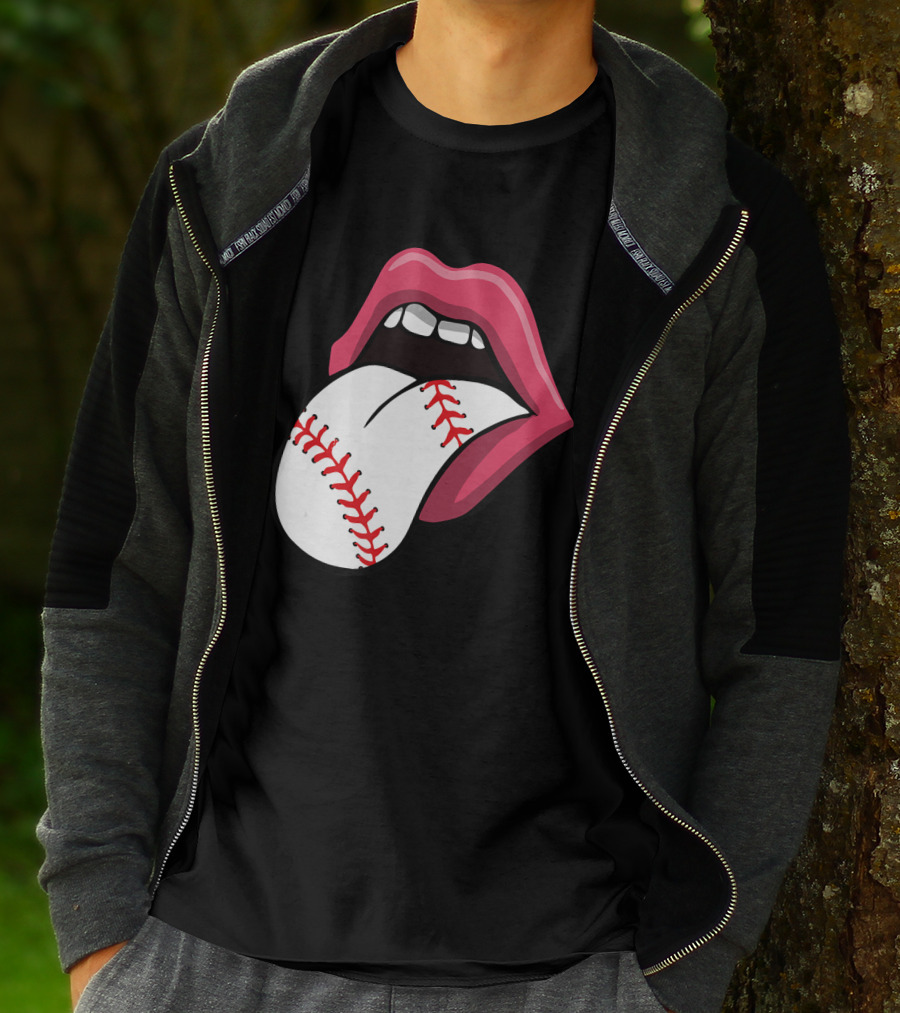 Baseball Red Lips Tongue Stitch T-Shirt