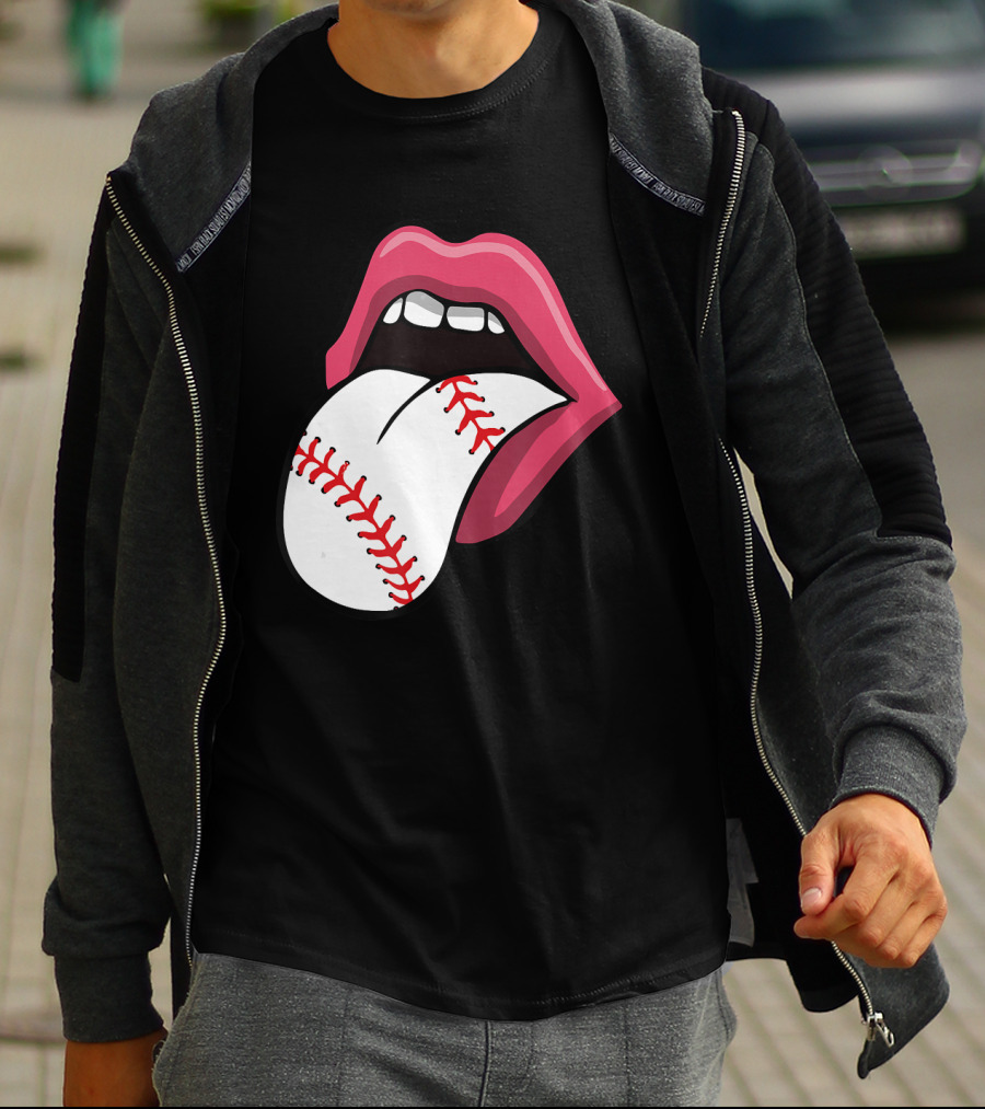 Baseball Red Lips Tongue Stitch T-Shirt