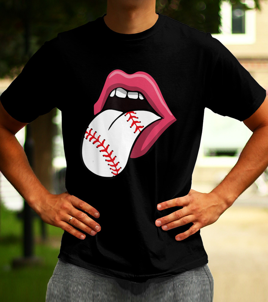 Baseball Red Lips Tongue Stitch T-Shirt