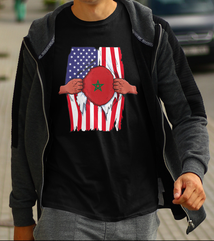 Morocco Flag Inside American Flag Home Pride Moroccan T-Shirt