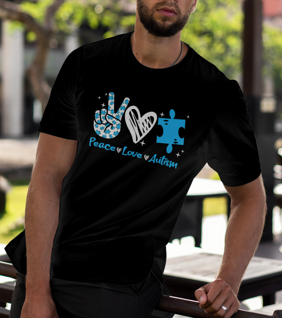 Peace Love Autism Awareness Blue Puzzle Piece T-Shirt