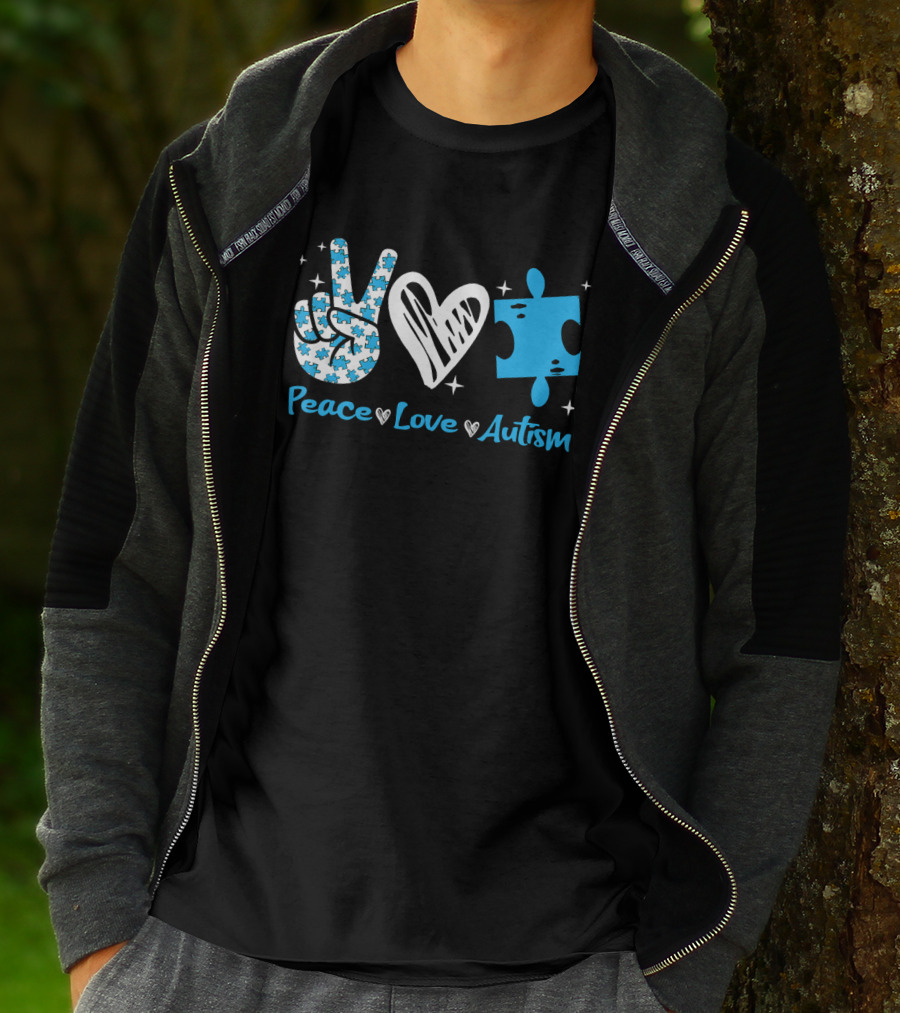 Peace Love Autism Awareness Blue Puzzle Piece T-Shirt
