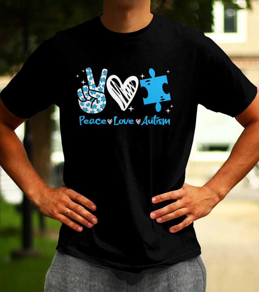 Peace Love Autism Awareness Blue Puzzle Piece T-Shirt