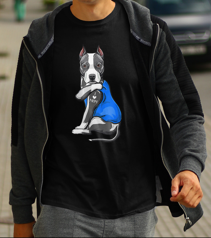 Pit Bull Dog I Love Mom Tattoo Blue T-Shirt