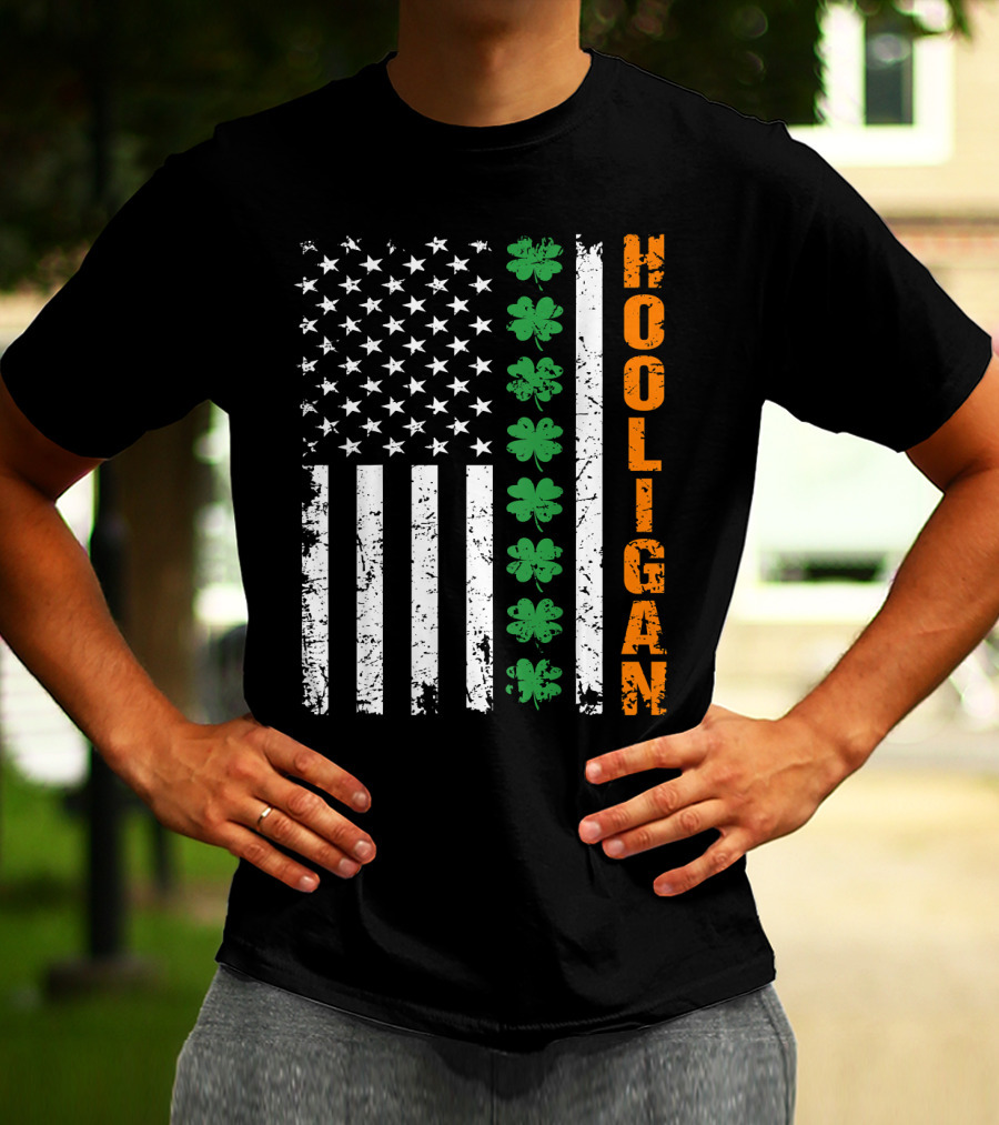 Irish American Flag Shamrocks Hooligan St Pats T-Shirt