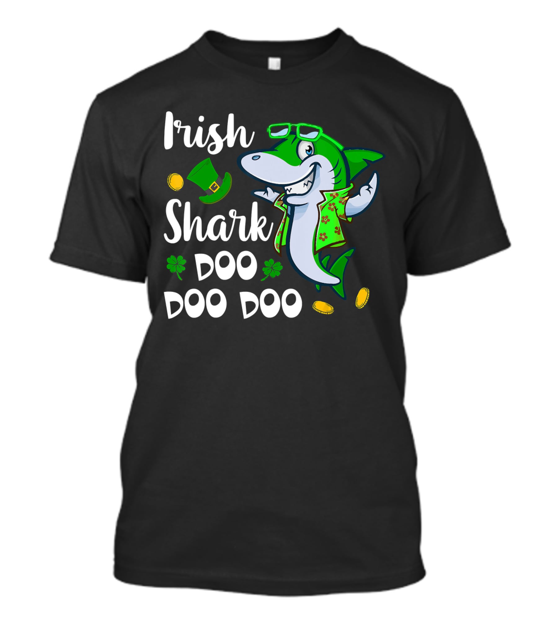 Irish Shark Doo Doo Doo St Patrick Day Leprechaun Hat Coins Shamrock T-Shirt
