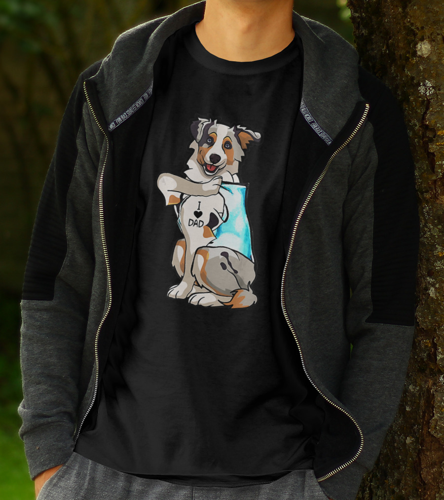 Australian Shepherd Dog I Love Dad Tattoo Paws Up T-Shirt