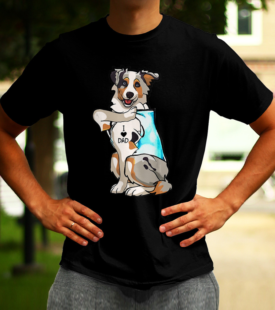 Australian Shepherd Dog I Love Dad Tattoo Paws Up T-Shirt