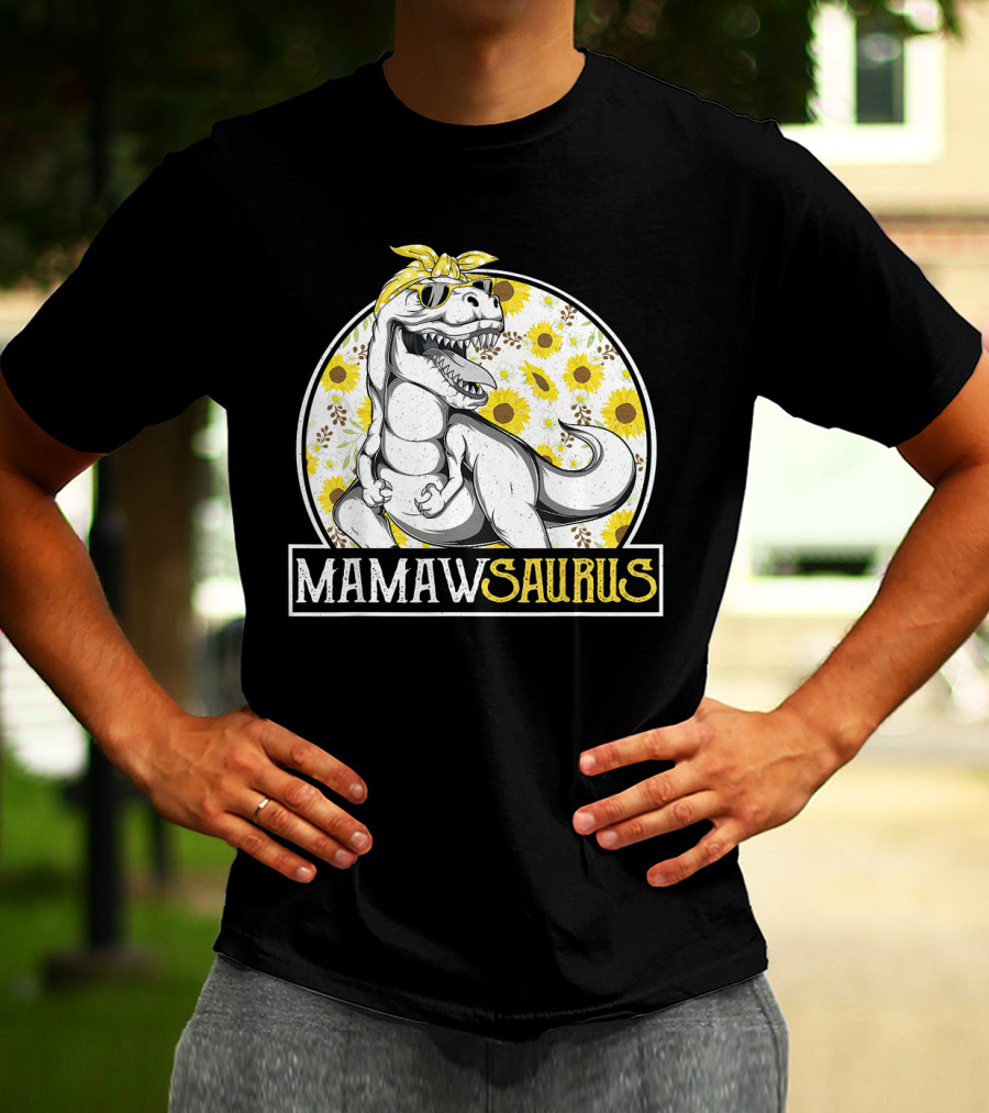 Mamaw Saurus Sunflower Dinosaur Grandma Fun Retro T-Rex T-Shirt