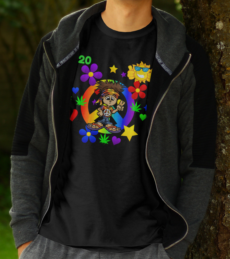 420 Peace Sign Hippie Cartoon With Sun And Colorful Flowers T-Shirt