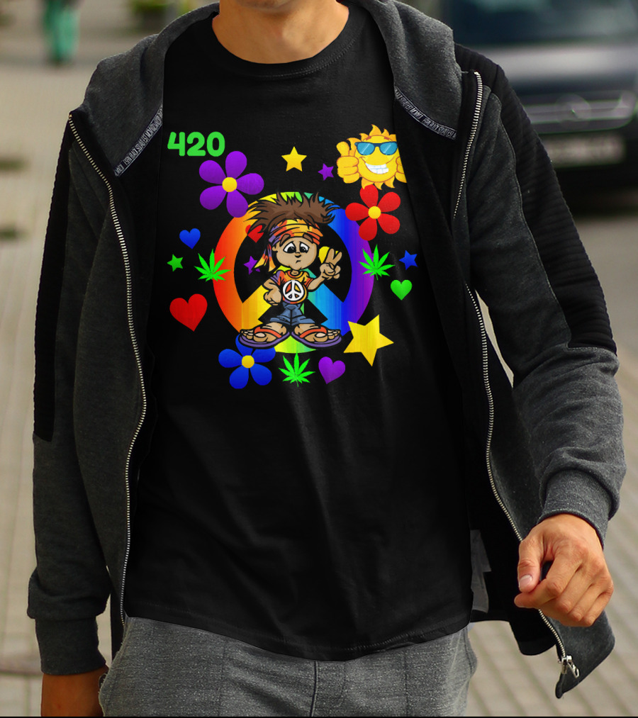 420 Peace Sign Hippie Cartoon With Sun And Colorful Flowers T-Shirt