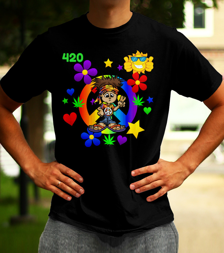 420 Peace Sign Hippie Cartoon With Sun And Colorful Flowers T-Shirt