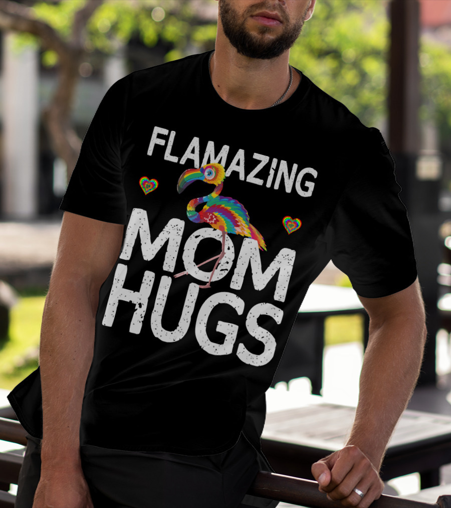 FLAMAZING MOM HUGS Colorful Rainbow Flamingo Hearts T-Shirt
