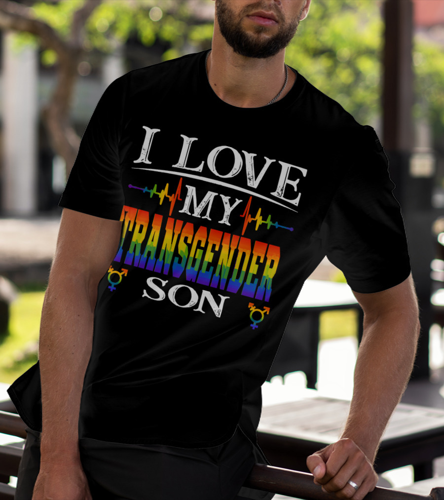 I Love My Transgender Son Rainbow Pride Heartbeat T-Shirt