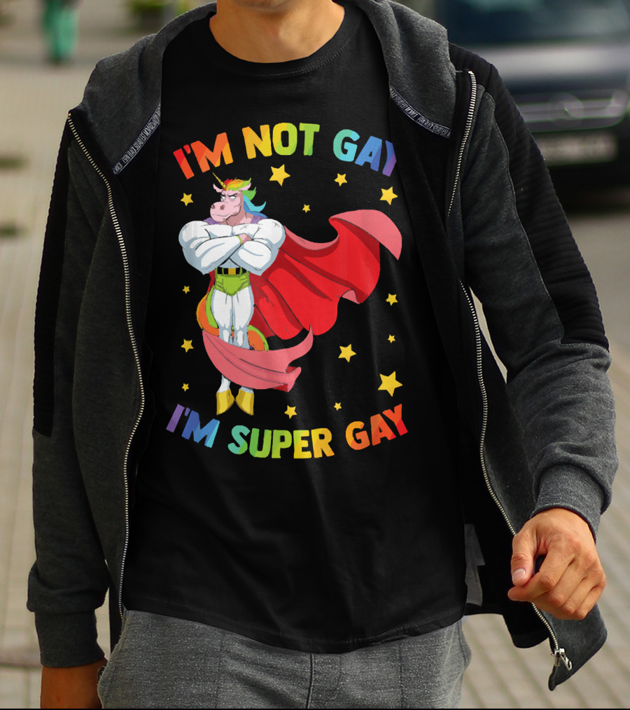 I'm Not Gay I'm Super Gay Colorful Unicorn With Cape And Stars T-Shirt