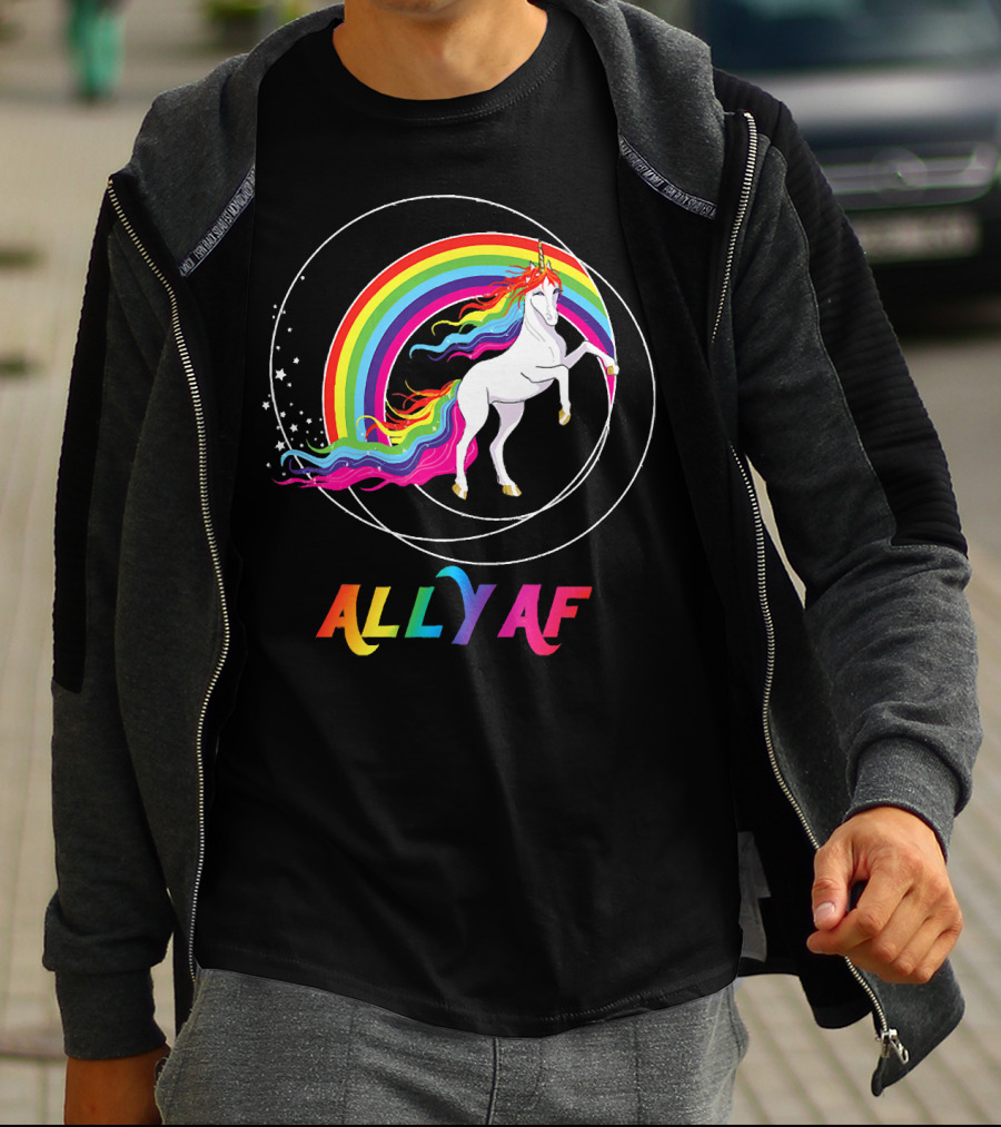 Rainbow Pride Ally AF Unicorn With Rainbow Pride Flag Colors T-Shirt