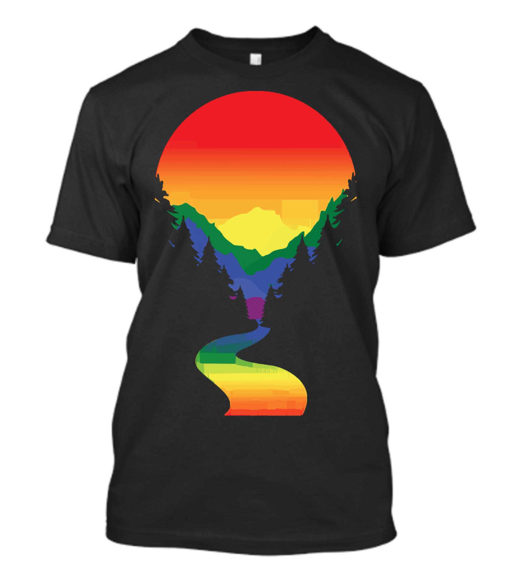 Rainbow Pride Sunset Silhouette Mountains Forest Pathway T-Shirt
