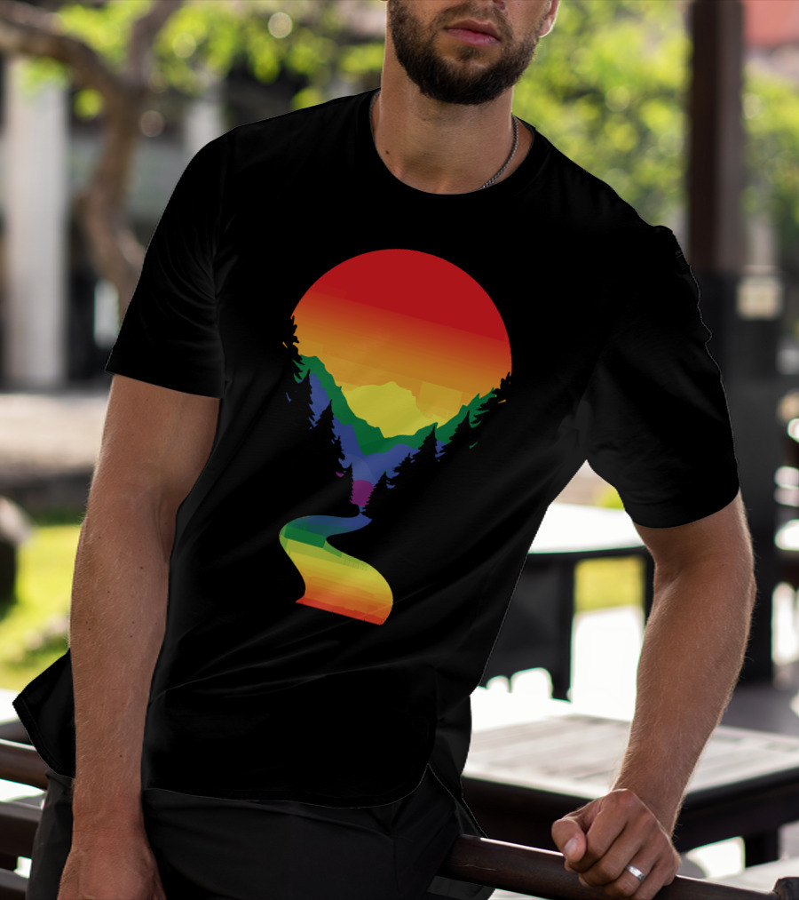 Rainbow Pride Sunset Silhouette Mountains Forest Pathway T-Shirt