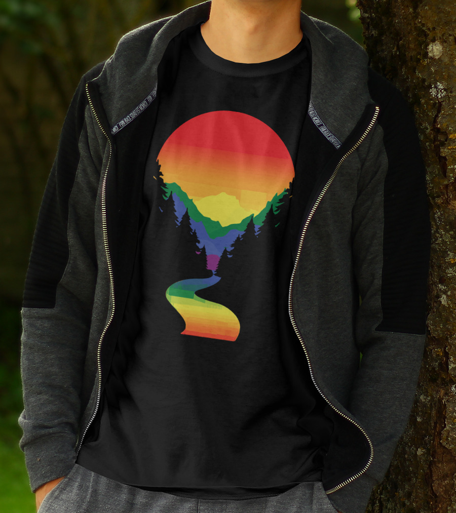 Rainbow Pride Sunset Silhouette Mountains Forest Pathway T-Shirt