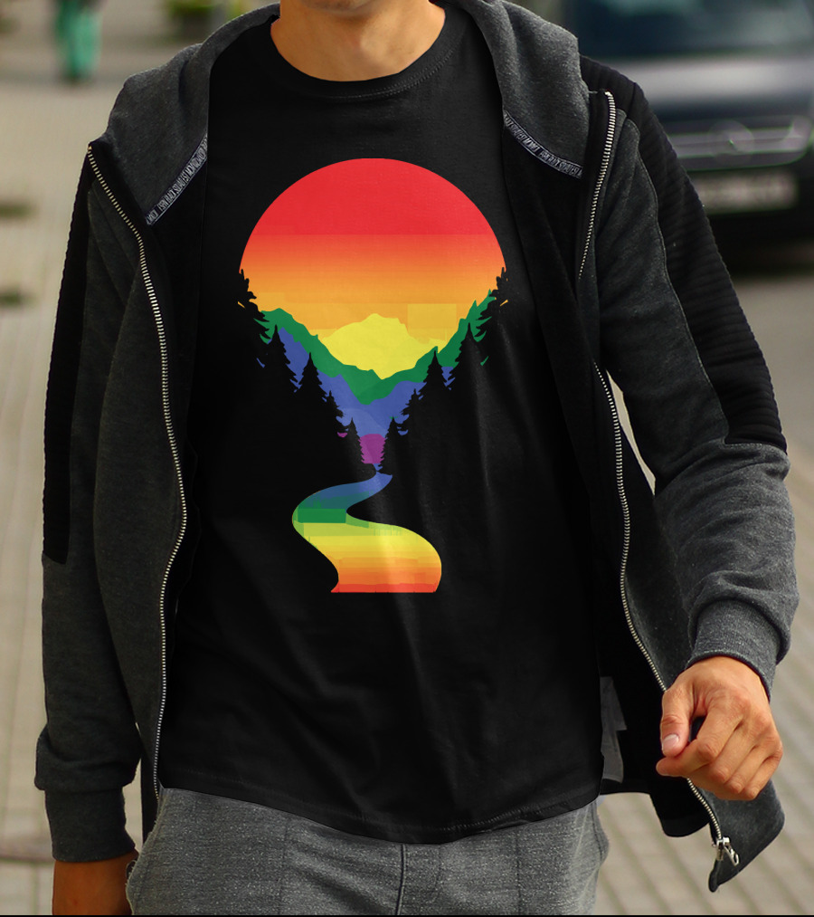 Rainbow Pride Sunset Silhouette Mountains Forest Pathway T-Shirt