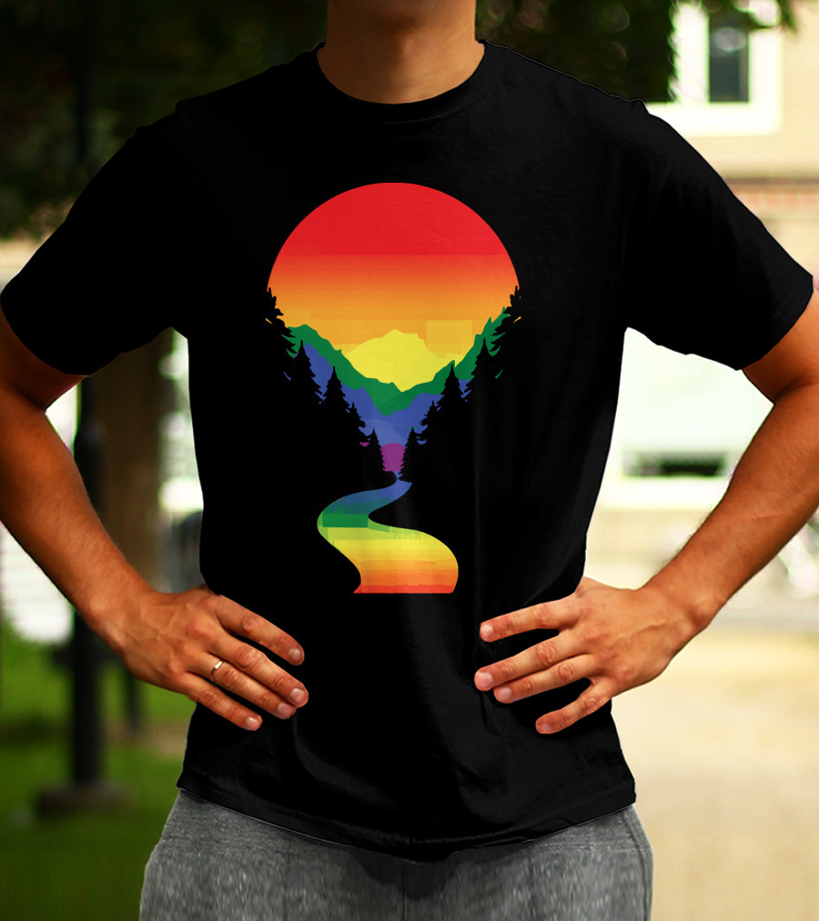 Rainbow Pride Sunset Silhouette Mountains Forest Pathway T-Shirt