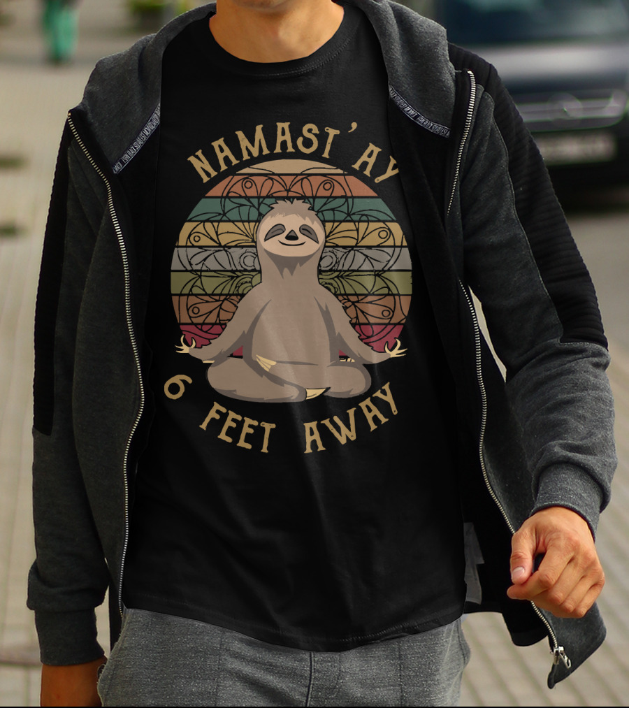 Namast'ay 6 Feet Away Retro Sunset Sloth Yoga Meditation T-Shirt