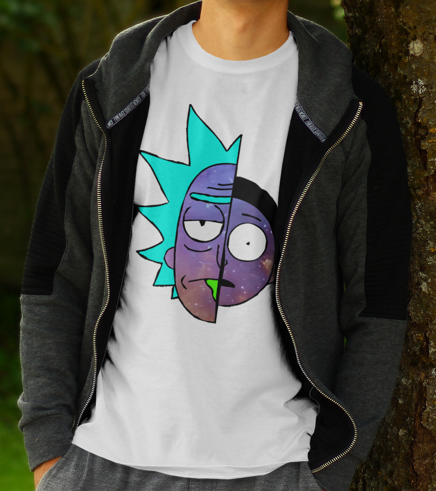 Galactic Rick And Morty Faces Cosmic Split Large T-Shirt