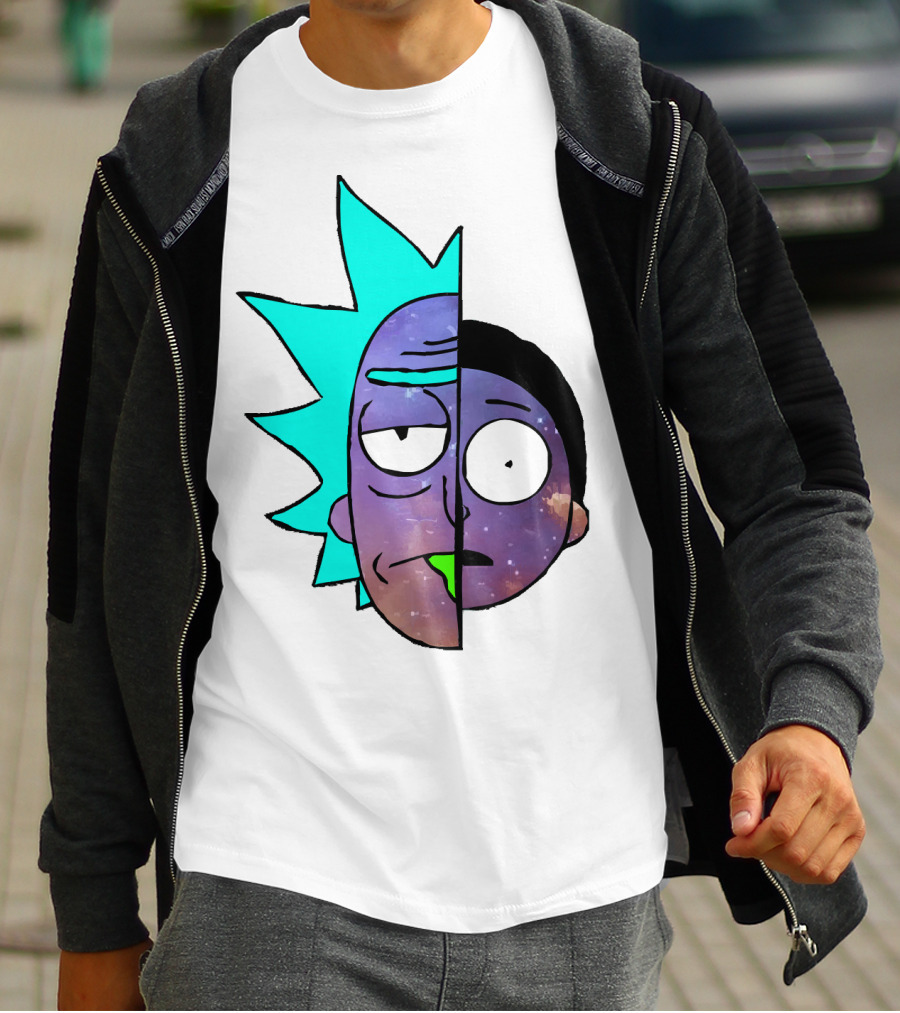 Galactic Rick And Morty Faces Cosmic Split Large T-Shirt