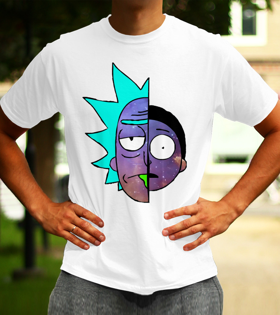 Galactic Rick And Morty Faces Cosmic Split Large T-Shirt