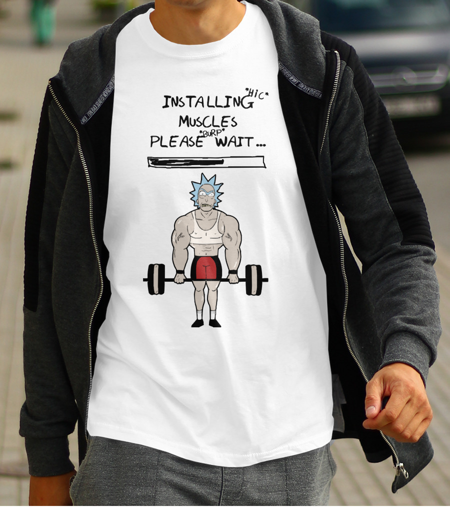 Rick And Morty Installing Muscles Please Wait Barbell Lift T-Shirt