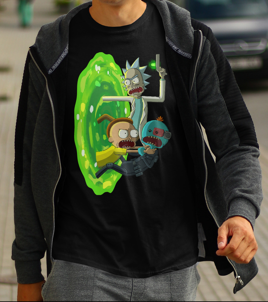 Rick And Morty Portal Escape With Meeseeks Cyborg Adventure T-Shirt