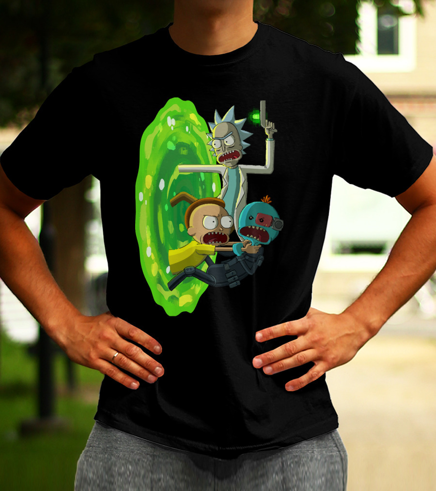 Rick And Morty Portal Escape With Meeseeks Cyborg Adventure T-Shirt