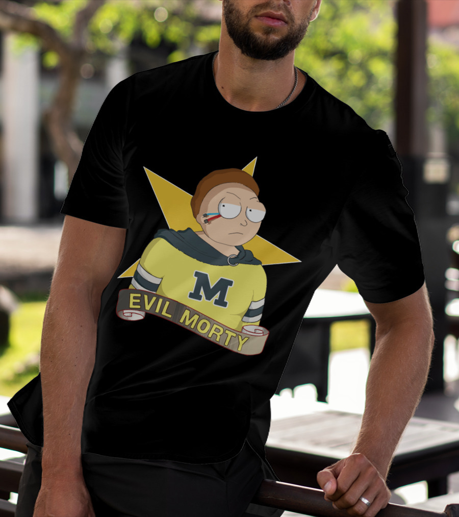 Evil Morty M Star Patch And Scroll Banner T-Shirt