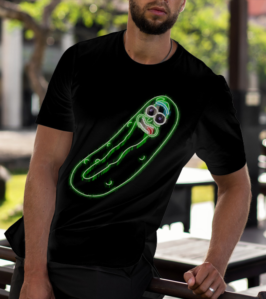 Neon Pickle Rick Left Pocket Glowing Expression T-Shirt