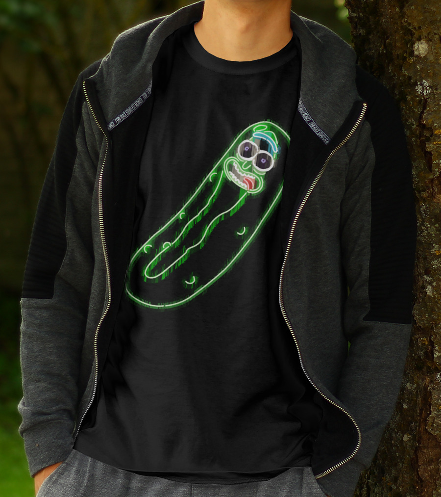 Neon Pickle Rick Left Pocket Glowing Expression T-Shirt