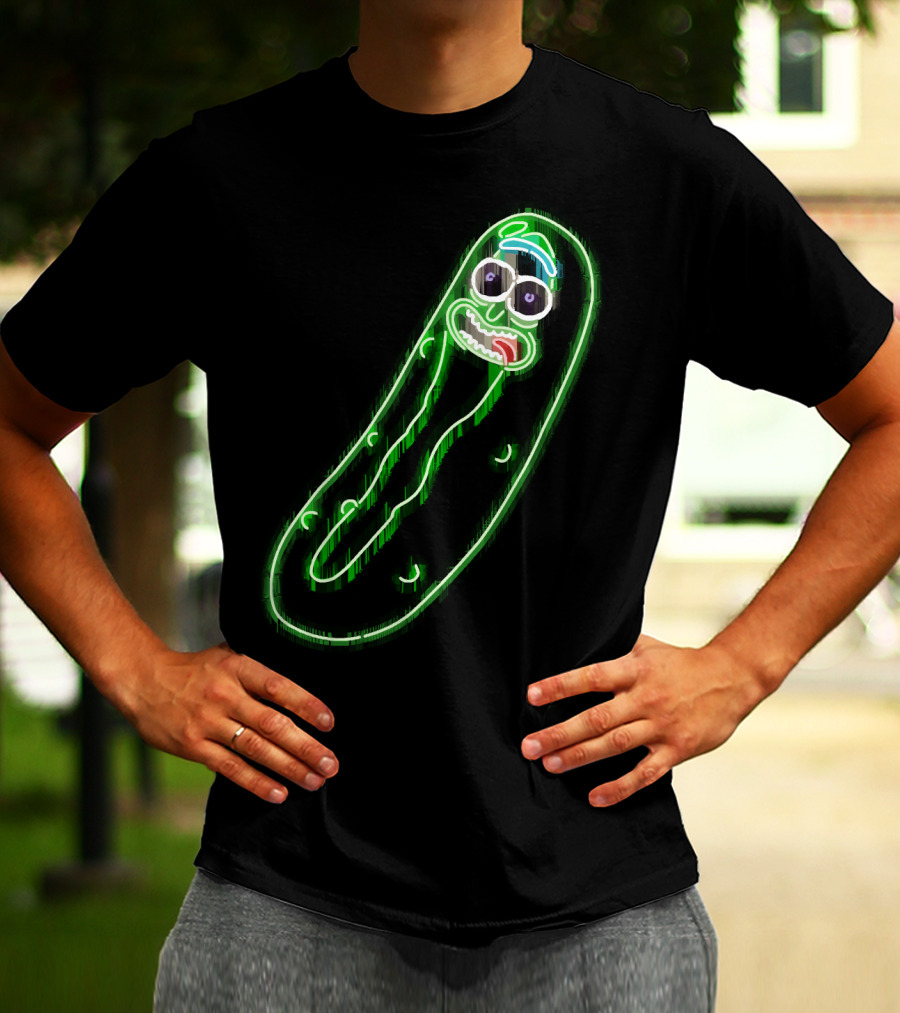 Neon Pickle Rick Left Pocket Glowing Expression T-Shirt