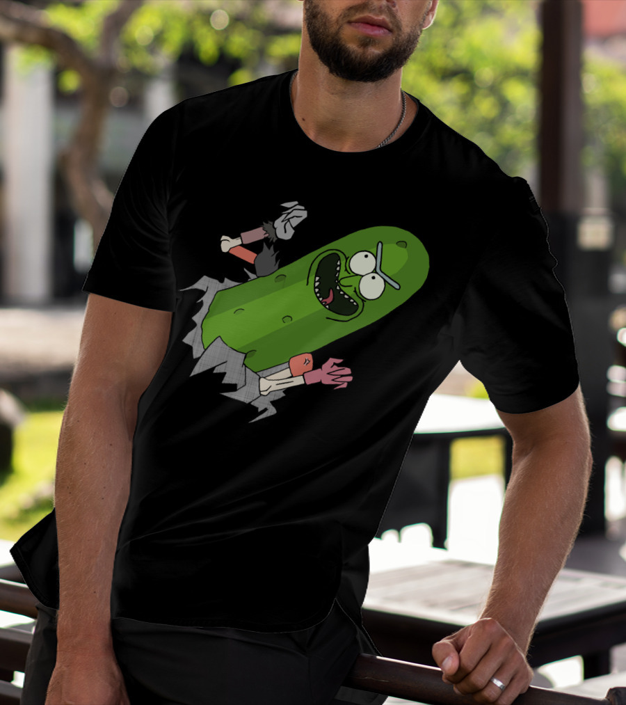 Pickle Rick Breaking Through Punching Action T-Shirt