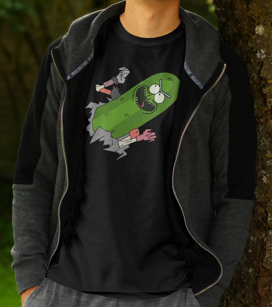 Pickle Rick Breaking Through Punching Action T-Shirt